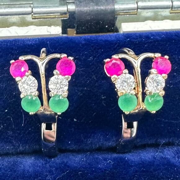 Vintage solid 9kt gold red lab ruby clear green cubic zirconia hoop earrings - Picture 2 of 10